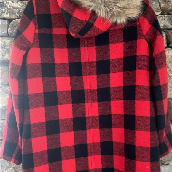 J.Crew buffalo check wool coat with hood NWT Size 2 fur hood RED - Picture 4 of 7